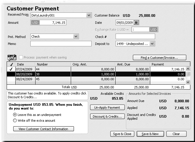 Sometimes, the amount your customer sends doesn’t match any combination of open invoices. If the customer paid too little or too much, you’ll see an underpayment message (shown here) or an overpayment message. Before you edit values in the Payment column, see if the Available Credits value equals the Underpayment value. If it does, your customer reduced the payment by the available credit. See to learn how to apply credits.