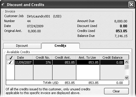 If the credit doesn’t appear in the “Discount and Credits” dialog box, it probably relates to a different job or to the customer only. If you want to apply a credit to a different job or to the customer account, see the box on .