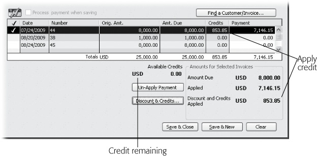 When you apply a credit to an invoice, its amount appears in the Credits cell in the Receive Payments window. The credit also contributes to the “Discount and Credits Applied” value in the “Amounts for Selected Invoices” section. When you’ve applied all of a customer’s credits, the Available Credits value equals 0.00.