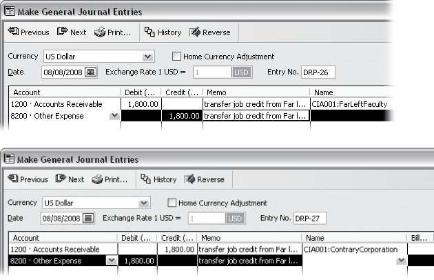 The first journal entry transfers the amount of the job credit memo from the first job into the transfer account; you have to choose the customer and job in the Name cell. (Adding a memo helps you follow the money later.) The second journal entry transfers the amount of the job credit memo from the transfer account to the second job.