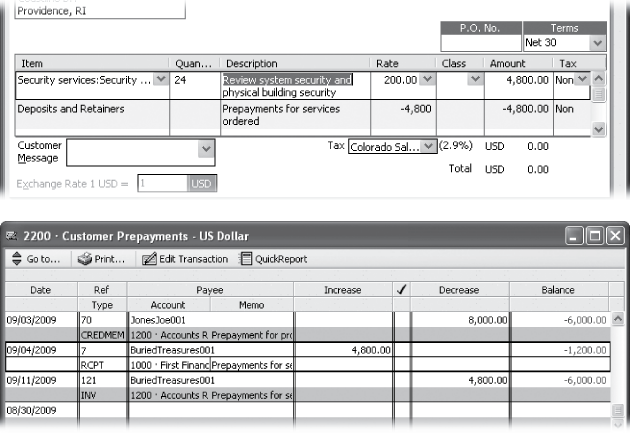 Top: When you create an invoice for the customer, the prepayment offsets the customer’s balance. To deduct the prepayment from the invoice balance, in the Amount cell, type the prepayment as a negative number.Bottom: When you create a sales receipt for a deposit or down payment, QuickBooks adds the money to your prepayment Other Current Liability account. When you use the deposit to cover an invoice, QuickBooks transfers the money from the Other Current Liability account to reduce the customer’s accounts receivable and add the money to the appropriate income account.
