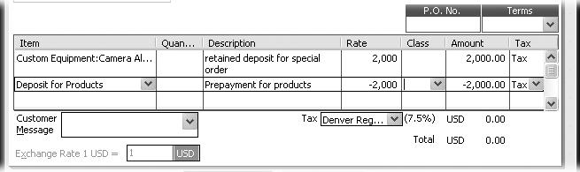 In the Amount cell, type the amount of the deposit you’re keeping as a positive number. Then, in the Amount cell for the prepayment, type a negative number, which makes the invoice balance zero. The prepayment item also deducts the deposit from the prepayment liability account, so you no longer “owe” your customer that money.
