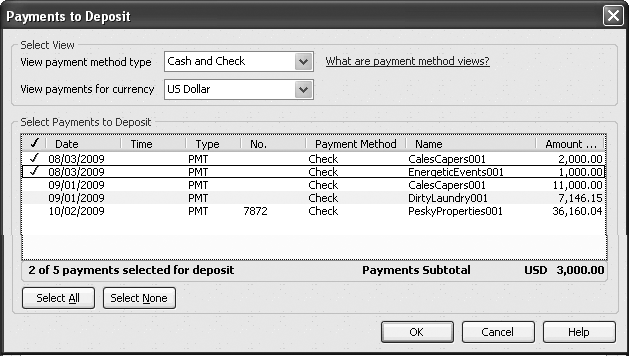 If you have zillions of payments, you can filter the payments to deposit by payment method. In the “View payment method type” box, choose a payment method to display only those types of payments. If you want to record deposits for payments made in a foreign currency, in the “View Payments for currency” drop-down list, choose the currency. You enter your bank’s exchange rate for the deposit in the Make Deposits window ().