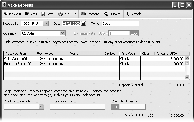 In the Make Deposits window, you can specify the account into which you’re depositing funds, the date, and each payment in the deposit. If you’re in the habit of withdrawing some petty cash from your deposits, you can record that as well. To prevent yourself from bouncing checks, in the Date box, be sure to choose the date that you actually make the deposit.