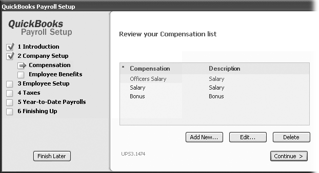 A green arrow shows you which setup task you’re working on (Compensation here). As you complete the steps for setting up payroll, the wizard adds a green checkmark to the completed tasks.