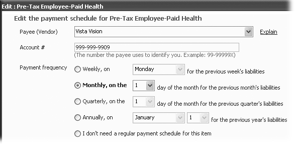 The dialog box shows the name of the benefit you’re editing, “Edit: Company-Paid Health,” for example. Click Next or Previous to move through the screens of settings for the item.