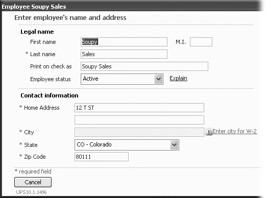 The Payroll Setup wizard indicates required fields with an asterisk. If a required field isn’t filled in, you’ll see a warning explaining why QuickBooks needs the information (like the one to the right of the City box).