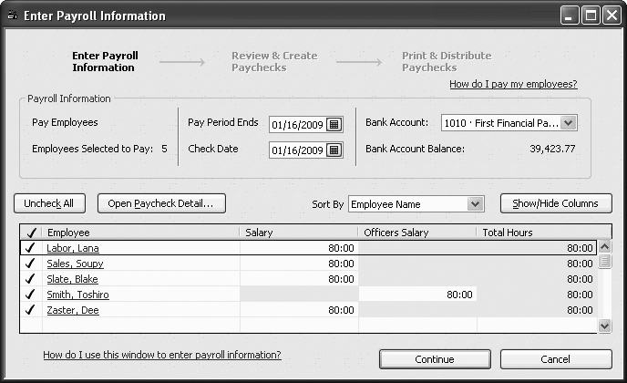 Employees who are set to inactive status in the Employees List don’t show up in the Enter Payroll Information window; neither do employees whose release dates () are prior to the date in the Pay Period Ends box.