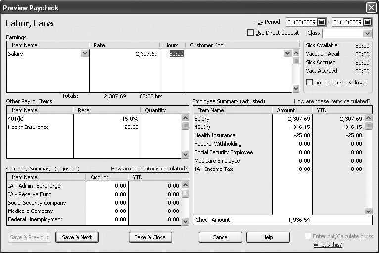 In the Preview Paycheck dialog box, the Earnings section shows the gross amount of the employee’s paycheck. For salaried employees, QuickBooks prorates the salary to the length of the pay period. In the Other Payroll Items section and Company Summary section, the program uses the tax tables and your payroll items to calculate paycheck deductions or additions. Below the Class box is available sick and vacation time. The Employee Summary section shows the entries you typically see on a pay stub.