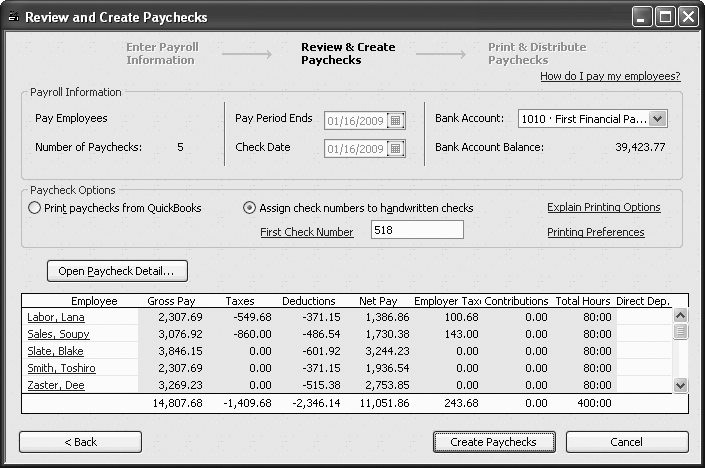 If you’re filling in payrolls you ran before using QuickBooks payroll services, select the “Assign check numbers to handwritten checks” option. In the First Check Number box, type the starting check number for that payroll run. For current payroll runs, select the option for how you produce paychecks. If you hand-write checks, type the first check number in the box. For employees who have their paychecks deposited directly (), click the employee’s Direct Deposit cell to turn on its checkmark.