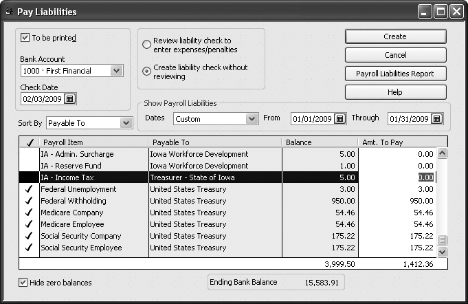 To keep the list as concise as possible, turn on the “Hide zero balances” checkbox. QuickBooks displays only the liabilities that have a balance. But a payroll liability with a balance doesn’t mean a payment is due. Select only the payroll items whose payment frequency requires a payment now. When you click one of the Medicare or Social Security payroll items, QuickBooks automatically selects the other, because both are due at the same time.
