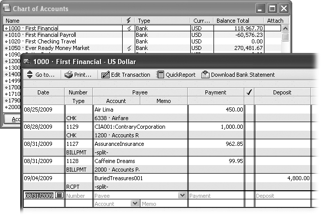 You can open a register window by double-clicking any type of account with a balance, including checking, savings, money market, and petty cash accounts. In fact, double-clicking opens the register for any account on your balance sheet (Accounts Receivable, Accounts Payable, Credit Card, Asset, Liability, and Equity accounts).