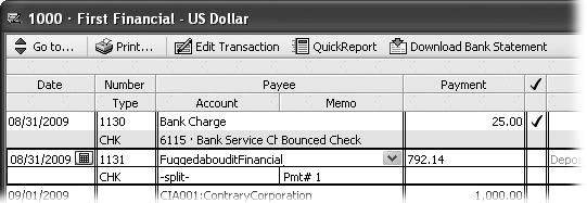 In the Memo cell, type a description of the bank charge, such as “bounced check charge,” “minimum balance charge,” the bounced check number, and so on.>