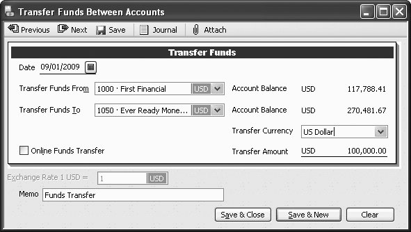 QuickBooks’ Transfer Funds Between Accounts window has one advantage over entering transfers in a bank account register: You can’t create a payment or deposit by mistake. That’s because you can’t save a transfer in the window until you specify both the account that contains the money and the account into which you want to transfer the funds. In addition, the Transfer Funds From and Transfer Funds To drop-down menus show only balance sheet accounts (bank, credit card, asset, liability, and equity accounts).