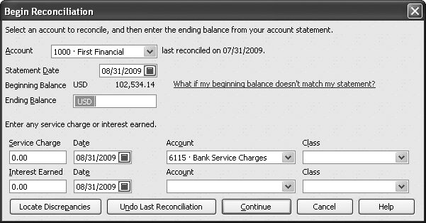QuickBooks uses the ending balance from the previous reconciliation to fill in the beginning balance for this reconciliation. If the beginning balance in the Begin Reconciliation dialog box doesn’t match the beginning balance on your bank statement, click Cancel and turn to to learn how to correct the problem.