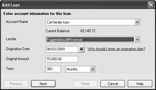 Loan Manager automatically selects Months in the Term drop-down list. Specifying the number of months for a 30-year loan is a great refresher for your multiplication tables, but you don’t want to confuse Loan Manager by making an arithmetic error. In the Term drop-down list, choose the period (such as Years). Then, you can fill in the first Term box with the number of periods shown on your loan documents.