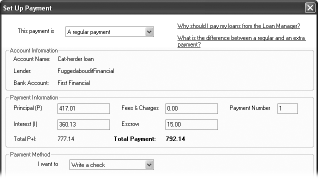 When you click Set Up Payment, Loan Manager fills in the Payment Information section with the principal and interest amounts from the loan payment schedule for the next payment that’s due. It fills in the Payment Number box with the number of the next payment due.