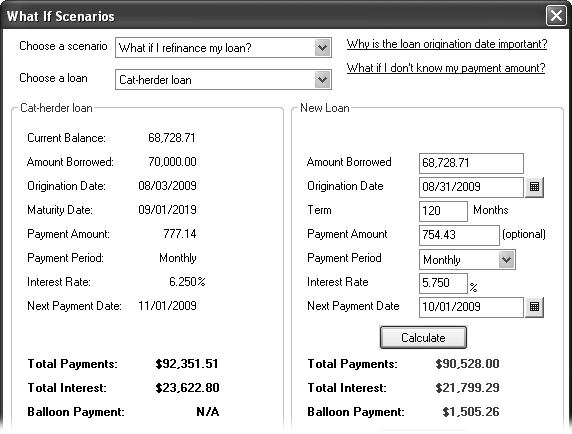 The refinance calculator in Loan Manager doesn’t provide everything you need to decide whether to refinance. Many loans come with closing costs that you should take into account. In this example, the new loan costs $90,528.00 over the life of the loan, and the current loan costs $92,351.51. If closing costs are $2,500, you won’t save any money with the new loan.