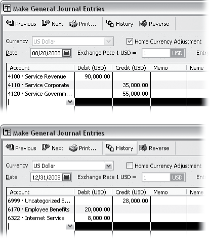 Top: When you transfer money between income accounts, you debit the original income account to decrease its value and credit the new income accounts to increase their value.Bottom: Expense accounts are the opposite. You credit the original expense account to decrease its value and debit new expense accounts to increase their value.