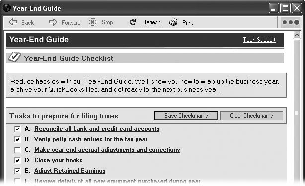 Click Save Checkmarks to store your choices. When you open the Year-End Guide again next fiscal year, the checkmarks are waiting to remind you of your to-do list.