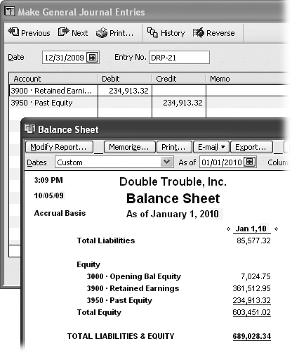 When you close your books at the end of a fiscal year, you can create a journal entry to transfer the previous year’s retained earnings from the Retained Earnings account to the equity in the Past Equity account. Date the journal entry the last day of the fiscal year (12/31/2009, as shown in the background). In effect, you debit the Retained Earnings account and credit the Past Equity account. The Balance Sheet for the first day of the next fiscal year (1/1/2010, in the foreground) has the previous year’s retained earnings added to the Past Equity account and the previous year’s net income in the Retained Earnings account.