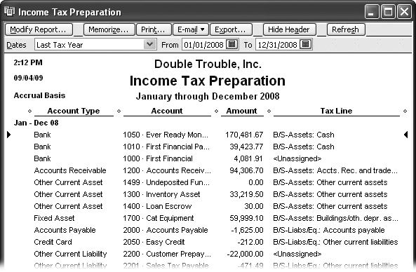 If you see “Unassigned” in the Tax Line column, you’ll have to assign a tax line to that account. (The easiest way to identify the correct tax line is to ask your accountant.) To edit an account, press Ctrl+A to display the Chart of Accounts window. Select the account, and then press Ctrl+E to open the Edit Account dialog box. In the Tax Line entry drop-down list, choose the tax form for that account.
