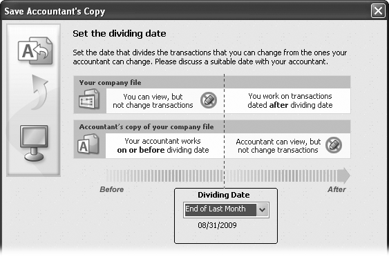 The date you use is often the end of a fiscal period. The Dividing Date drop-down list gives you only a brief list of choices, one of which, fortunately, is Custom. If you want to specify a date, choose Custom and then type or choose the date in the date box that pops onto the screen. The other choices include End of Last Month, 2 Weeks Ago, and 4 Weeks Ago.