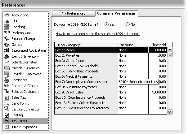 On the Company Preferences tab, assign an account to each 1099 category that you issue 1099s for. For example, if you pay subcontractors for work, you can assign the account for subcontractors’ fees to the Box 7: Nonemployee Compensation 1099 category.