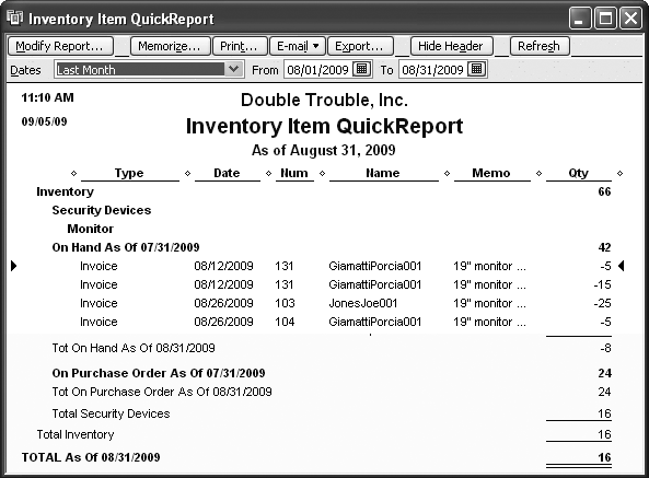 The Inventory Item QuickReport report summarizes the number you have on hand as well as the number that are on order. You can generate the report in the Item List window by first selecting the item. Then, either press Ctrl+Q or click Reports and choose “QuickReport: <item name>” from the drop-down menu (where <item name> is the name of the item you selected).