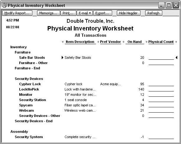 Your preferred vendor has nothing to do with counting inventory, yet the column appears on the Physical Inventory Worksheet. If you click Modify Report in the report window toolbar, you’ll see no way to modify the columns that appear. However, you can hide the Pref Vendor column by hovering the pointer over the diamond to the right of the Pref Vendor heading and then dragging to the diamond to the left of the heading.