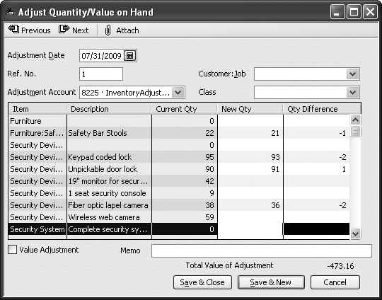QuickBooks shades the columns you can’t change. When the Value Adjustment checkbox is turned off, the New Qty and Qty Difference columns are the only ones that you can edit.