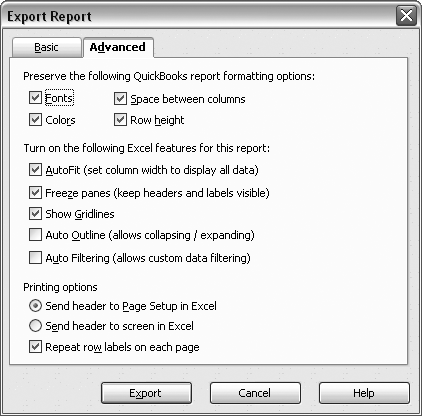 The Advanced tab has three sections for setting up a report in Excel. The first section focuses on whether to transfer the fonts, colors, and spacing that you set up in your QuickBooks reports to the Excel workbook. The second section provides checkboxes for turning on Excel features such as AutoFit, which makes columns wide enough to display all the data. The Printing options section can send the report header to the Excel header area (in Page setup) or to the top of the worksheet grid.
