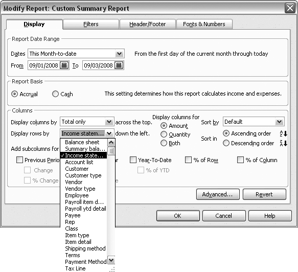 In addition to date ranges, filters, and other customizations (), you can control what QuickBooks displays in the rows and columns of a custom report. The entries in the “Display columns by” and “Display rows by” drop-down lists are the same, so you can set up a report to show your data across or down. A report that uses the same category for both columns and rows doesn’t make any sense, so be sure to choose different entries for columns and rows. The Modify Report dialog box for custom reports also includes checkboxes for comparing values to previous periods as well as showing dollar and percentage differences, like budget versus actual reports do.