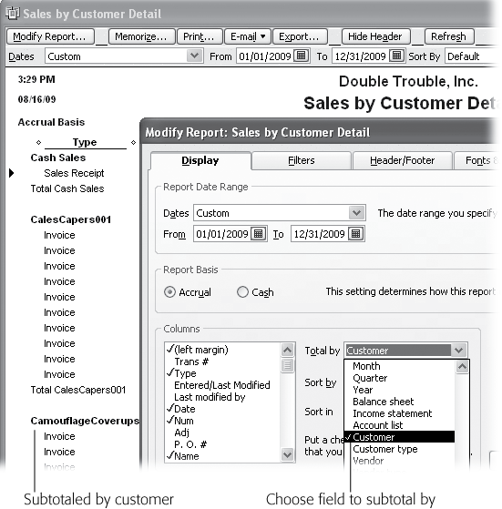 When you run a report with transaction details, QuickBooks picks a category for subtotals. For example, the “Sales by Customer Detail” report starts with sales subtotaled by customer. To change the subtotal category, in the report window, click Modify Report, and in the “Total by” box, choose another field, like Class or “Customer type”.