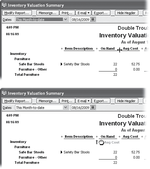 Top: Any report that has more than one column also has a small diamond between each column heading. If you mouse over the diamond, it turns into a two-headed arrow. Drag to the right to make the column wider, or to the left to make the column narrower. A Resize Columns dialog box asks if you want to set all the columns to the same size. Click Yes to resize all the columns. Click No to resize only the one.Bottom: In detail and list reports, when you position the mouse pointer over a column heading, it turns into a hand icon to indicate that you can move the column to another location. As you drag, the pointer shows both the hand icon and the name of the column. And, when you get close to the left side of a column, a red arrow appears to show where the program will move the column if you release the mouse button (shown here). Drag the diamond out of the window to remove the column from the report.