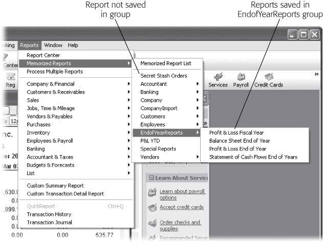 The Memorized Reports submenu displays QuickBooks’ built-in report groups and any report groups that you create. To choose a report from a group, hove the pointer over the group, and then choose the report you want to run. If you don’t memorize a report to a group, the report appears above the groups on the submenu, like the Secret Stash Orders report, shown here.