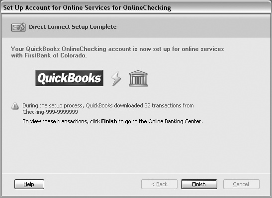 The “Set Up Account for Online Services” dialog box shows how many transactions it downloaded during setup. When you click Finish, the Online Banking Center window () opens, showing the transactions you just downloaded.