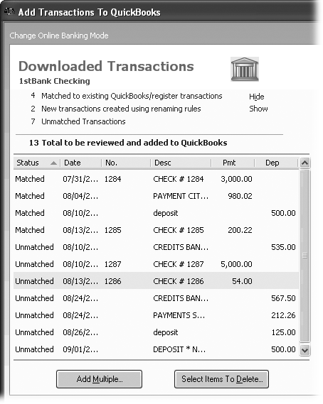 When you click a Show link, QuickBooks displays that type of transaction in the Downloaded Transactions list and changes the link to Hide, as shown here. To display only unmatched transactions, click the Hide link to the right of the Matched line and the New line.