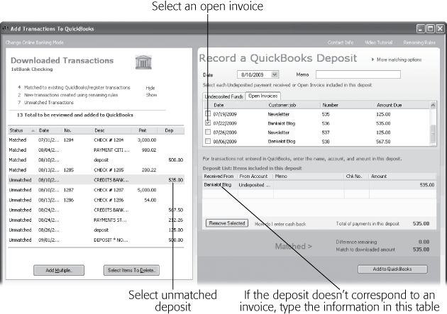 The fields that appear on the right side of the Add Transactions To QuickBooks window depend on the type of downloaded transaction you select. If you don’t see the deposit you want to match on the Undeposited Funds tab, click the Open Invoices tab to look for the invoice that goes with the downloaded deposit. When you record the deposit, QuickBooks links the invoice and payment to show that the invoice was paid.