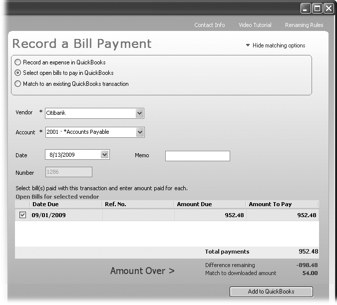 If you wrote one check to pay several of a vendor’s bills, turn on all the checkboxes for all the bills that the check covers. As you turn on checkboxes, QuickBooks updates the “Difference remaining” value to show the difference between the downloaded transaction amount and the total of the bills you selected. When “Difference remaining” equals 0.00, you can click “Add to QuickBooks” to save the match.
