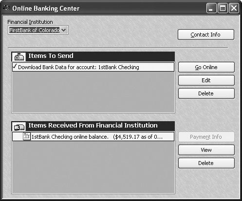 If you have online services with more than one bank (say, your checking account with one bank and a credit card with another), in the Financial Institution drop-down list, choose one to connect to. QuickBooks automatically selects all requests (like downloading your transactions) in the Items To Send box. If you don’t want to send an item, uncheck it. Click Send/Receive to send the selected requests and connect to the bank’s website. In the “Access to <your bank>” dialog box, type your password or PIN, and then click OK.