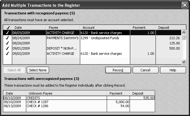 In this window, you can’t do anything for the transactions at the bottom of the window with unrecognized payees. To correct those, close the Add Multiple Transactions to the Register window. In the Match Transactions window, select each one individually and then click “Add One to Register”. You can edit the payee name in the register.