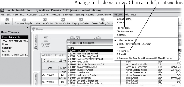 The Multiple Windows option displays several windows at the same time. In this mode, you can click a window to bring it to the front, reposition windows by dragging their title bars, or resize windows by dragging their edges and corners.