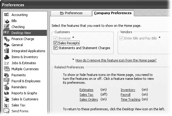 If the checkboxes for invoices or bill payment tasks are dimmed and you want to remove those tasks from the Home page, you first need to turn off other preferences. For example, for invoices, you have to turn off the Estimate and Sales Orders preferences (in other Preference categories). Click the “How do I remove this feature icon from the Home page?” link to read a Help topic that lists the settings you need to change.