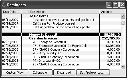 In the Reminders Company Preferences tab, the Show Summary options tell QuickBooks to display a single reminder and the total amount of money in the Reminders window, like the “Money to Deposit” row shown here. Show List options display each transaction on a separate line, as shown below the Overdue Invoices heading. QuickBooks shows one line with the total for overdue invoices, followed by a line showing each overdue invoice.