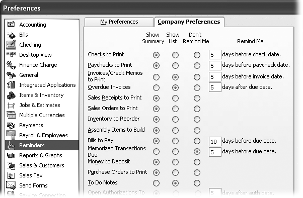 You can choose how and when QuickBooks reminds you to order inventory, pay bills, and so on. For transactions like bills that require action by a specific date, you can tell QuickBooks how far in advance to remind you. If you don’t want a reminder for a type of transaction, choose the option in the Don’t Remind Me column.