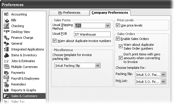 Preferences in the Sales & Customers category affect the information that appears on invoices, as well as the account to which QuickBooks assigns reimbursable expenses.