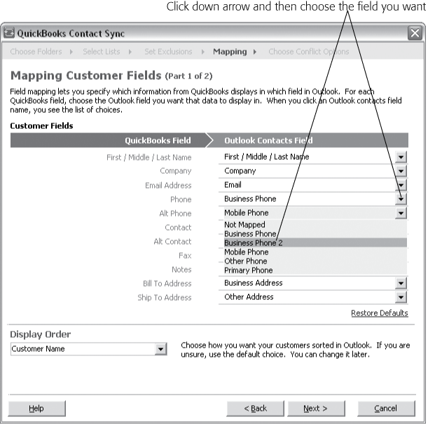 The Setup Assistant makes some astute guesses about which Outlook fields map to QuickBooks fields. However, if the selected field isn’t what you want, click the down arrow to the right of the Outlook field, and then choose the correct Outlook field.