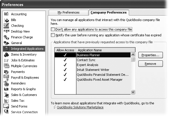Initially, only the QuickBooks administrator can give programs access rights, but the administrator can grant other users that same power (). If you want to find applications that work closely with QuickBooks, click the QuickBooks Solutions Marketplace link on the Integrated Applications area’s Company Preferences tab.