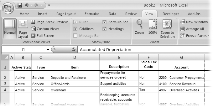 A report in QuickBooks has a header, columns, and rows. When you export a report to Excel, the data in report columns and rows transfer into columns and rows in the worksheet. Exporting a report to a workbook isn’t a mindless transfer of values. The subtotals in the workbook actually use Excel’s SUM function to add up the workbook cells that make up the subtotal.